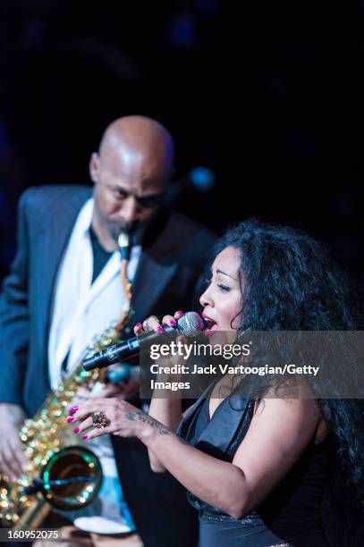 Cuban singer Osdalgia Lesmes and musician Ron Blake, on alto saxophone, perform at Red Hot + Cuba at the BAM Howard Gilman Opera House, Brooklyn, New...