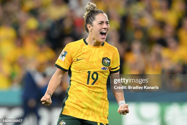 Katrina Gorry of Australia celebrates scoring her team's sixth penalty in the penalty shoot out during the FIFA Women's World Cup Australia & New...