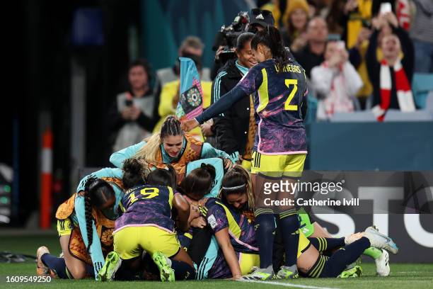 Colombia players celebrate the team's first goal scored by Leicy Santos during the FIFA Women's World Cup Australia & New Zealand 2023 Quarter Final...