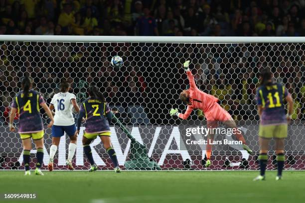 Mary Earps of England dives in vain as Leicy Santos of Colombia scores her team's first goal during the FIFA Women's World Cup Australia & New...