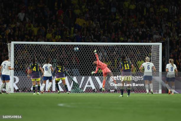 Mary Earps of England dives in vain as Leicy Santos of Colombia scores her team's first goal during the FIFA Women's World Cup Australia & New...