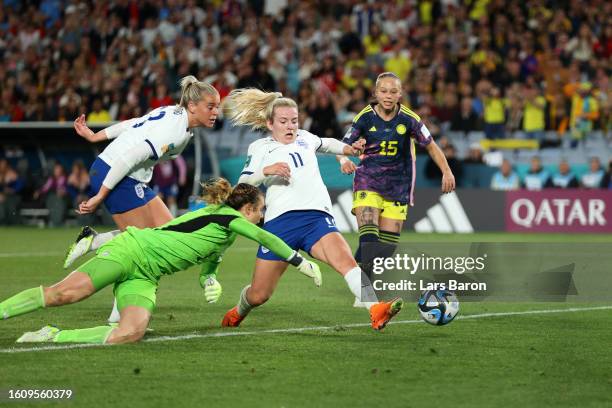 Lauren Hemp of England scores her team's first goal during the FIFA Women's World Cup Australia & New Zealand 2023 Quarter Final match between...