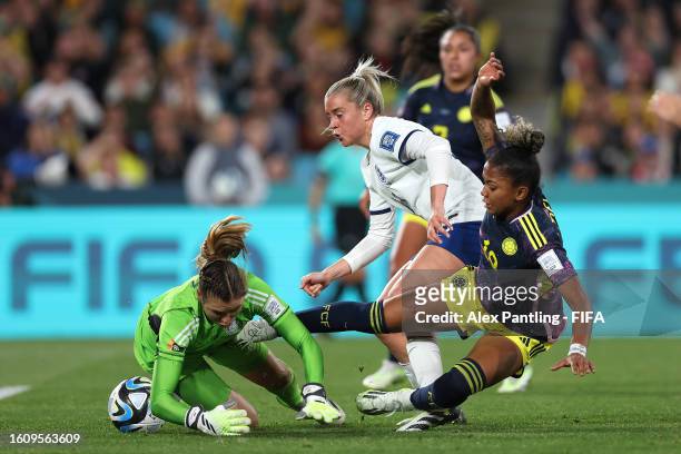 Alessia Russo of England comps Catalina Perez and Jorelyn Carabali of Colombia resulting in the England's first goal during the FIFA Women's World...