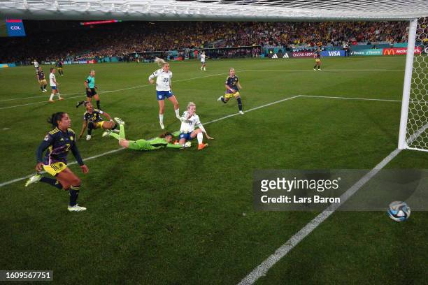 Lauren Hemp of England scores her team's first goal during the FIFA Women's World Cup Australia & New Zealand 2023 Quarter Final match between...