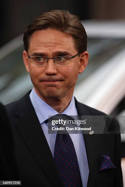 Finnish Prime Minister Jyrki Katainen arrives back at the headquarters of the Council of the European Union on February 8, 2013 in Brussels, Belgium....