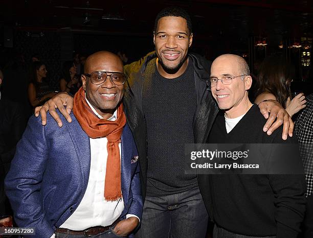 Producer L.A. Reid, Former NFL player Michael Strahan and film producer Jeffrey Katzenberg attend the Pre-Grammy Showcase For Epic Records Recording...