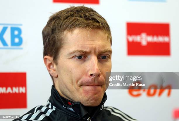 Andreas Birnbacher of Germany attends a press conference during the IBU Biathlon World Championships at Vysocina Arena on February 8, 2013 in Nove...