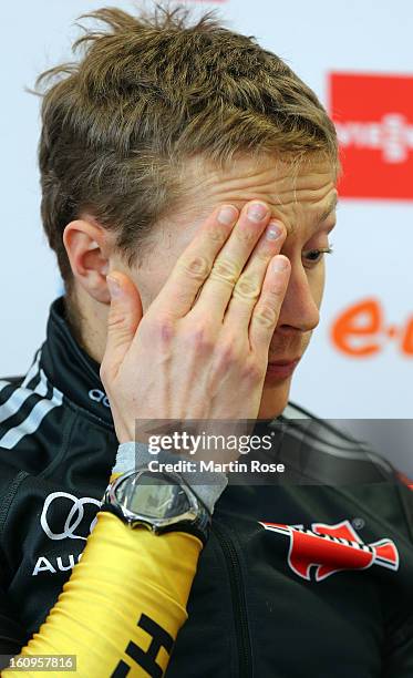 Andreas Birnbacher of Germany attends a press conference during the IBU Biathlon World Championships at Vysocina Arena on February 8, 2013 in Nove...