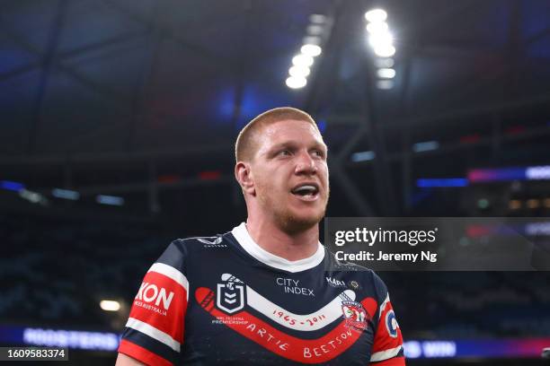 Dylan Napa of the Roosters looks on after winning the round 24 NRL match between Sydney Roosters and Dolphins at Allianz Stadium on August 12, 2023...