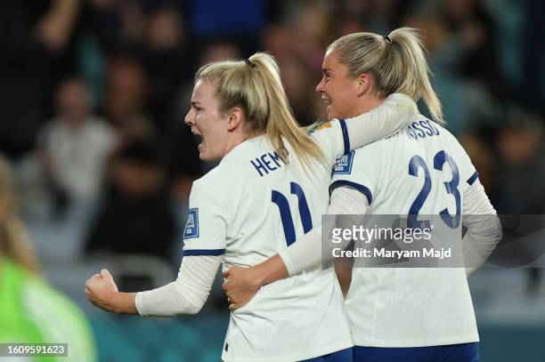 Lauren Hemp of England celebrates with teammate Alessia Russo after scoring her team's first goal during the FIFA Women's World Cup Australia & New...