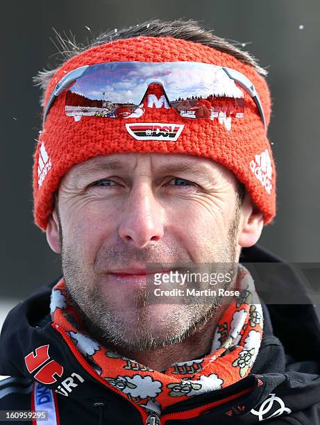 Mark Kirchner, coach of Germany looks on during an offical training session during the IBU Biathlon World Championships at Vysocina Arena on February...