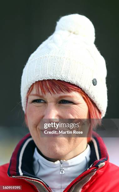 Biathlon and TV expert Kati Wilhelm looks on during an offical training session during the IBU Biathlon World Championships at Vysocina Arena on...