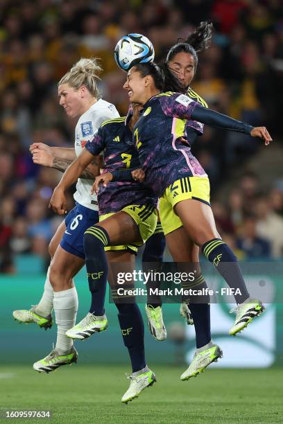 Millie Bright of England competes for the ball against Colombia players during the FIFA Women's World Cup Australia & New Zealand 2023 Quarter Final...