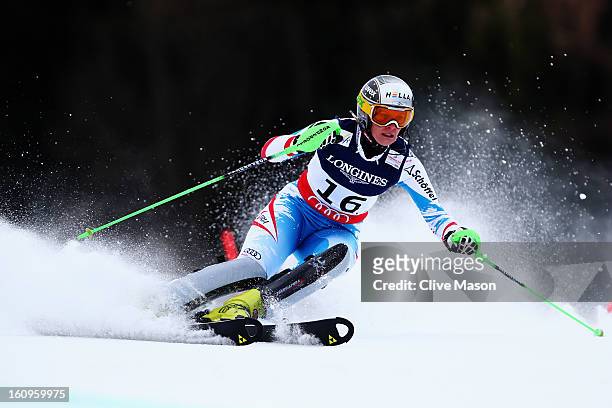 Nicole Hosp of Austria skis in the Slalom section on her way to finishing third in the Women's Super Combined during the Alpine FIS Ski World...