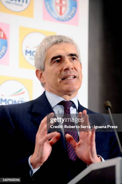 Pierferdinando Casini leader of UdC italian political party holds his speech during a meeting with his electors at Hotel Savoy on February 5, 2013 in...