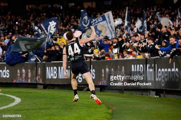 Matthew Owies of the Blues celebrates kicking a goal during the round 22 AFL match between Carlton Blues and Melbourne Demons at Melbourne Cricket...