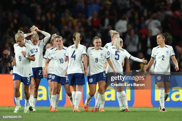 Alessia Russo of England celebrates with teammates after scoring her team's second goal during the FIFA Women's World Cup Australia & New Zealand...