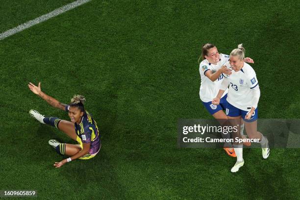 Alessia Russo of England celebrates with teammate Ella Toone after scoring her team's second goal during the FIFA Women's World Cup Australia & New...