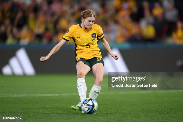 Cortnee Vine of Australia scores her team's tenth and winning penalty in the penalty shoot out during the FIFA Women's World Cup Australia & New...