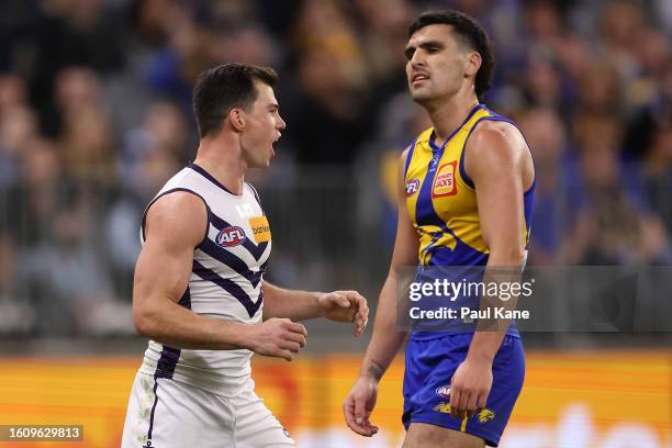 Jaeger O'Meara of the Dockers celebrates a goal during the round 22 AFL match between West Coast Eagles and Fremantle Dockers at Optus Stadium, on...