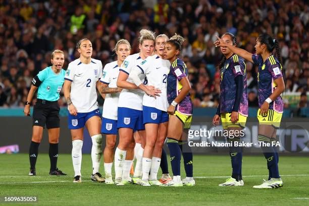 Players of England and Colombia wait for a corner during the FIFA Women's World Cup Australia & New Zealand 2023 Quarter Final match between England...