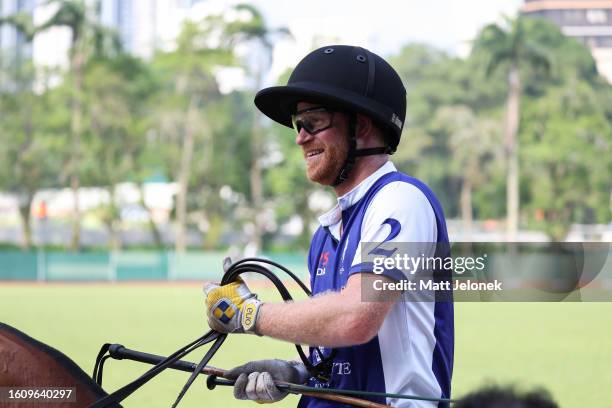 Prince Harry, The Duke of Sussex, Co-Founding Patron of Sentebale plays polo during the Sentebale ISPS Handa Polo Cup on August 12, 2023 in...