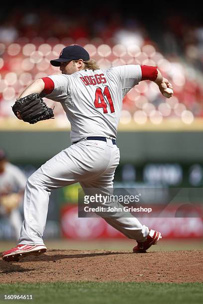Mitchell Boggs of the St. Louis Cardinals pitches during the game against the Cincinnati Reds on August 26, 2012 at Great American Ballpark in...