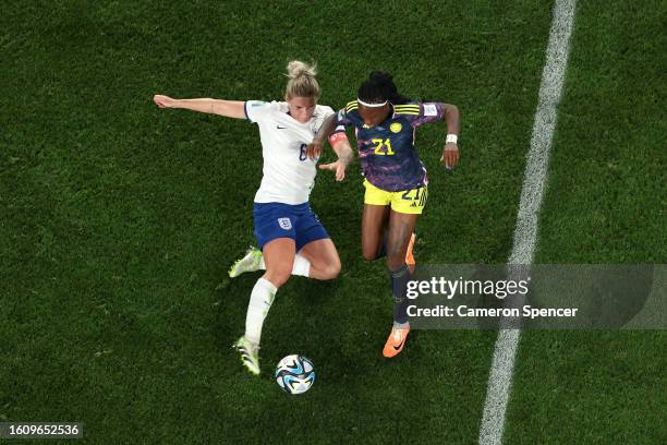 Ivonne Chacon of Colombia is tackled by Millie Bright of England during the FIFA Women's World Cup Australia & New Zealand 2023 Quarter Final match...