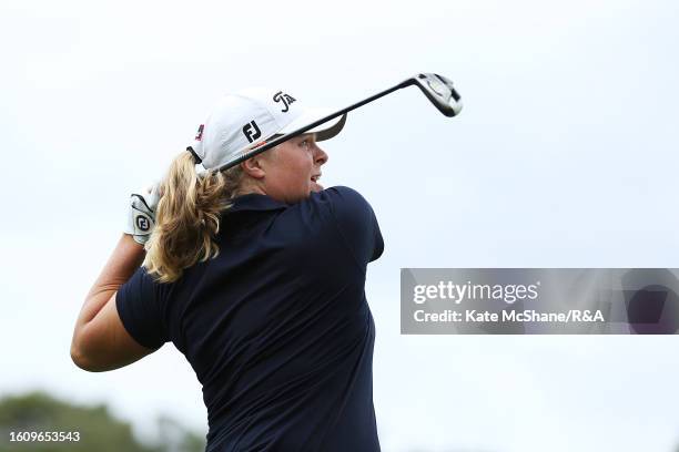 Caroline Hedwall of Sweden tees off on the 10th hole on Day Three of the AIG Women's Open at Walton Heath Golf Club on August 12, 2023 in Tadworth,...