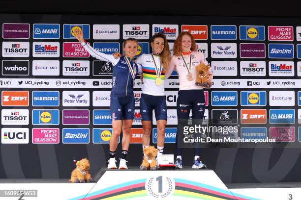 Silver medalist Loana Lecomte of France, gold medalist Pauline Ferrand Prevot of France and bronze medalist Puck Pieterse of Netherlands pose on the...