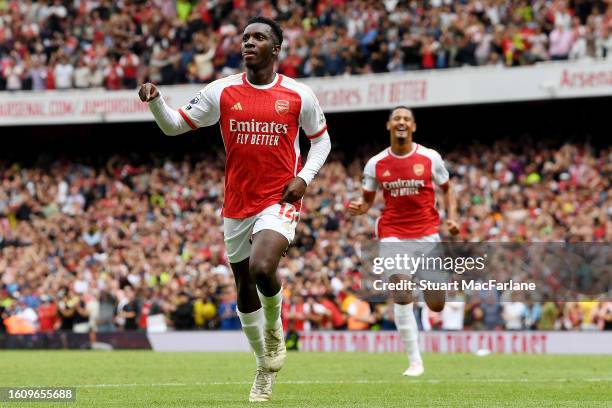 Eddie Nketiah of Arsenal celebrates after scoring the team's first goal during the Premier League match between Arsenal FC and Nottingham Forest at...