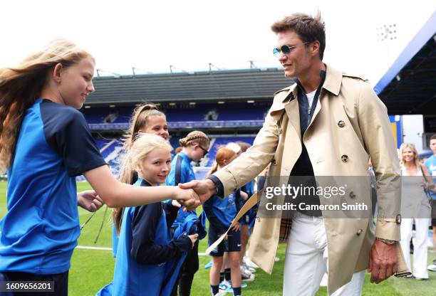Tom Brady, Former NFL Quarterback interacts with Birmingham City Mascots prior to the Sky Bet Championship match between Birmingham City and Leeds...