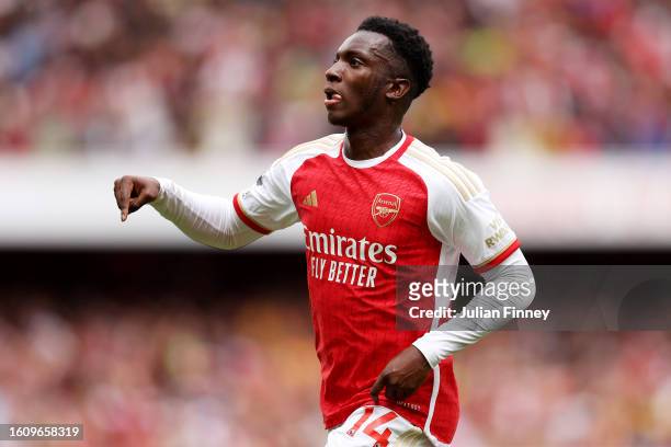 Eddie Nketiah of Arsenal celebrates after scoring the team's first goal during the Premier League match between Arsenal FC and Nottingham Forest at...