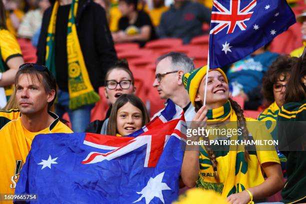 Australia supporters cheer in the stands before the start of the Australia and New Zealand 2023 Women's World Cup third place play-off football match...
