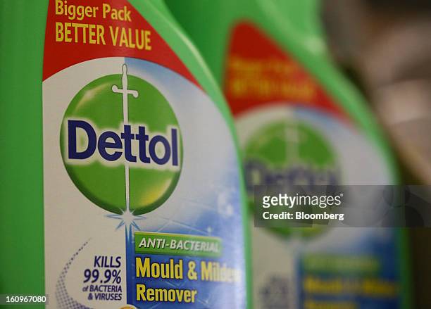 Bottles of Dettol disinfectant, produced by Reckitt Benckiser Group Plc, sit on display inside a supermarket in London, U.K., on Friday, Feb. 8,...