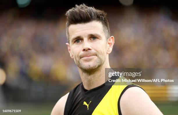 Trent Cotchin of the Tigers looks on after his final match during the 2023 AFL Round 23 match between the Richmond Tigers and the North Melbourne...