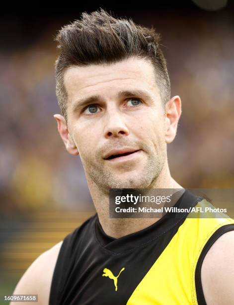 Trent Cotchin of the Tigers looks on after his final match during the 2023 AFL Round 23 match between the Richmond Tigers and the North Melbourne...