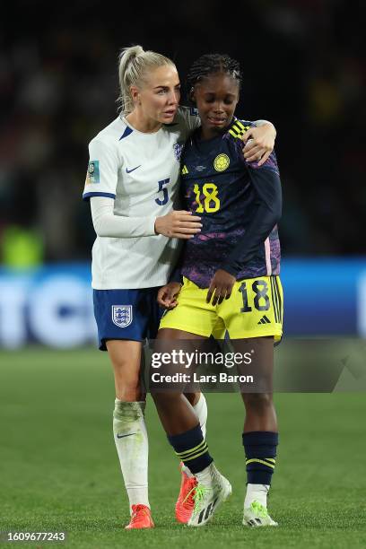 Linda Caicedo of Colombia is consoled by Alex Greenwood of England after the FIFA Women's World Cup Australia & New Zealand 2023 Quarter Final match...