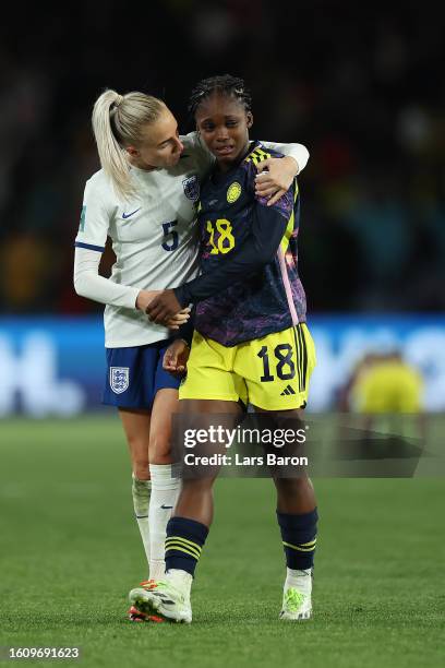 Linda Caicedo of Colombia is consoled by Alex Greenwood of England after the FIFA Women's World Cup Australia & New Zealand 2023 Quarter Final match...