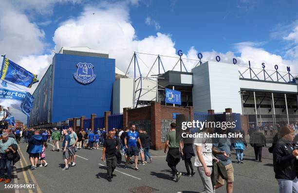 General view of the outside of the stadium as fans gather prior to the Premier League match between Everton FC and Fulham FC at Goodison Park on...