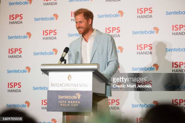 Prince Harry, Duke of Sussex, Co-Founding Patron of Sentebale speaks during the Sentebale ISPS Handa Polo Cup Gala Dinner by InterContinental...