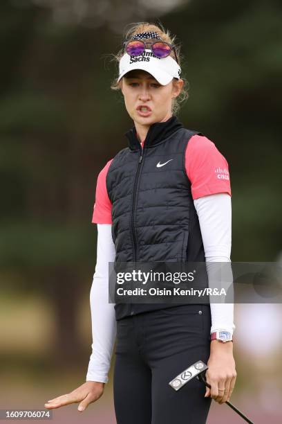 Nelly Korda of the United States reacts on the 7th green on Day Three of the AIG Women's Open at Walton Heath Golf Club on August 12, 2023 in...