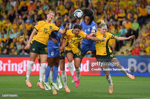 Sam Kerr of Australia and Wendie Renard of France compete for the ball during the FIFA Women's World Cup Australia & New Zealand 2023 Quarter Final...