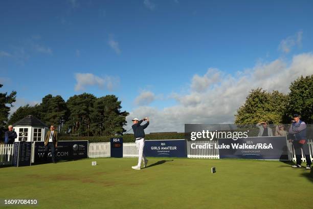 Michele Ferrero of Italy tees off during the Quarter Finals of Matchplay on Day Five of the R&A Boys' Amateur Championship at Ganton Golf Club on...