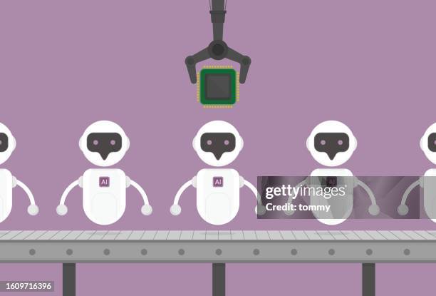 stockillustraties, clipart, cartoons en iconen met ai robot and computer chip on a conveyor belt production line factory - manipulator role