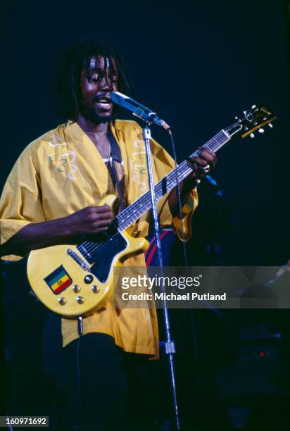 Jamaican reggae musician Peter Tosh performing on stage at the Palladium Theatre in New York, 1978.