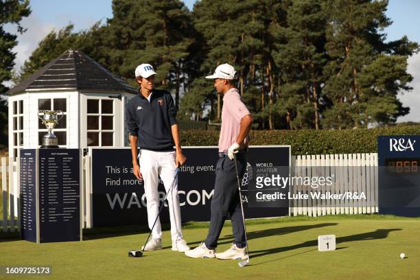 Alex Papayoanou of USA & Michele Ferrero of Italy wait on the 1st tee during the Quarter Finals of Matchplay on Day Five of the R&A Boys' Amateur...