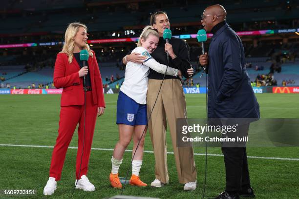 Lauren Hemp of England hugs Jill Scott alongside Ian Wright after the FIFA Women's World Cup Australia & New Zealand 2023 Quarter Final match between...