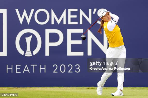 Minjee Lee of Australia plays her tee shot on the 1st hole on Day Three of the AIG Women's Open at Walton Heath Golf Club on August 12, 2023 in...