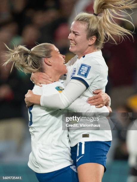 Lauren Hemp of England celebrates scoring her goal with team mate Alessia Russo during the FIFA Women's World Cup Australia & New Zealand 2023...